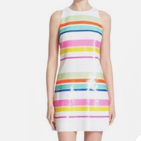 Kate Spade White Pink Cape Multi Stripe Sequin Lined Shift Dress Size 6 Party - Picture 15 of 15